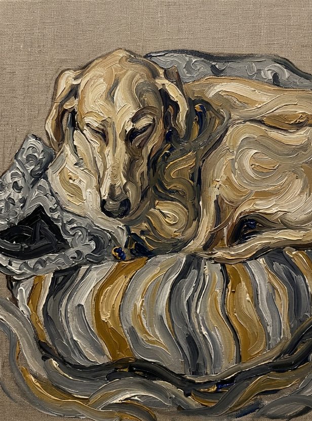 An AI-generated image, made by Gemini, that re-renders the photo of the sleeping dog as a thick impressionist oil painting, swirling brushstrokes in tans, greys, and deep blue on a linen canvas.
